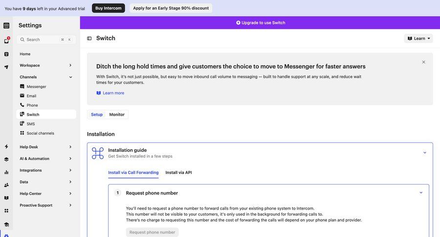 Intercom
			 modern sidebar accordion settings sidebar navigation communication configuration setup instructions content blocks configuration screen workflow integration ui page example