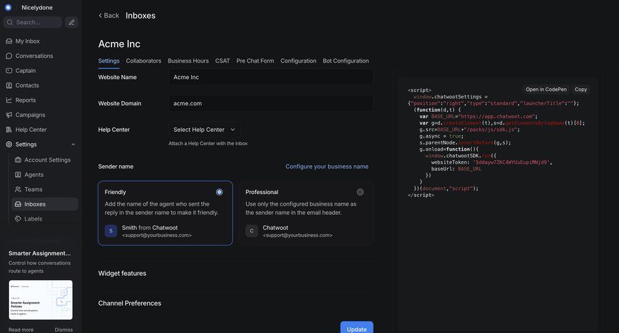 Chatwoot
			 code snippet ui page example