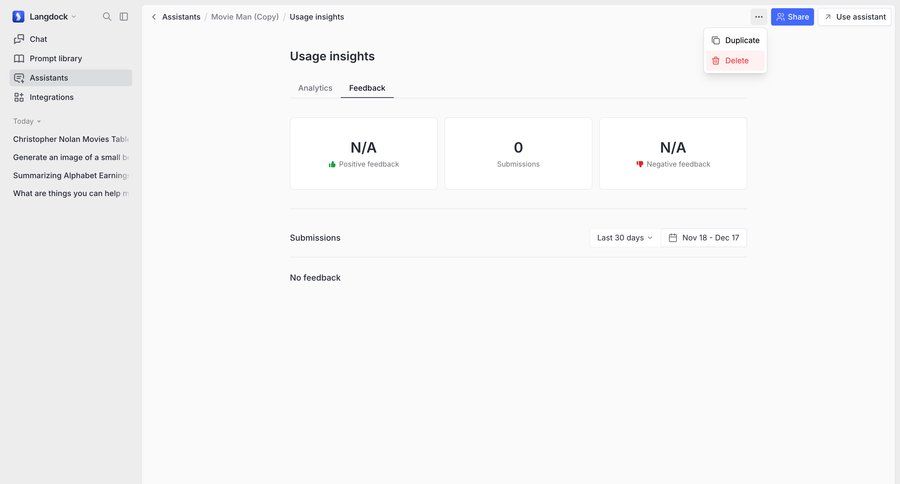 Langdock
			 dashboard artificial intelligence analytics dashboard user feedback dashboard warning dropdown filters sidebar insight menu data visualization performance metrics monitoring business intelligence kpi dashboard duplicate analytics ui page example