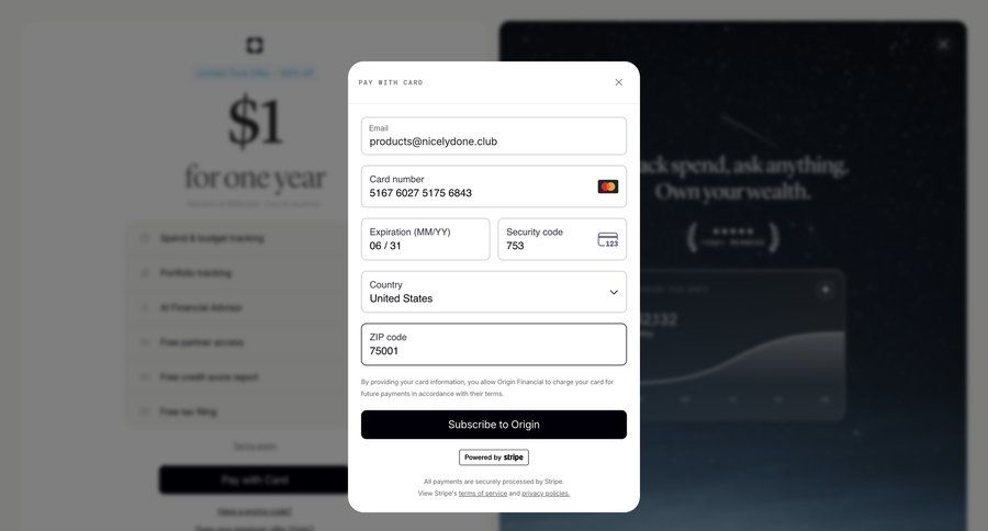 Origin Financial
				checkout ui page example