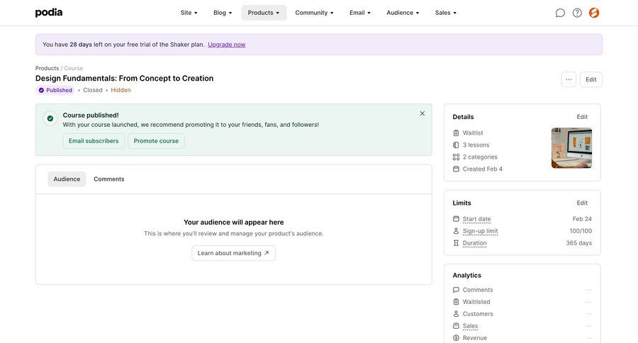 Podia
			 dashboard audience management free trial product details information page detail view item details info view analytics ui page example