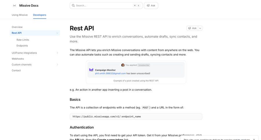 Missive
			 developer portal ui page example