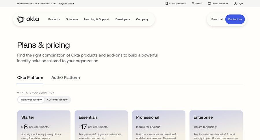Okta
				plans & pricing ui page example