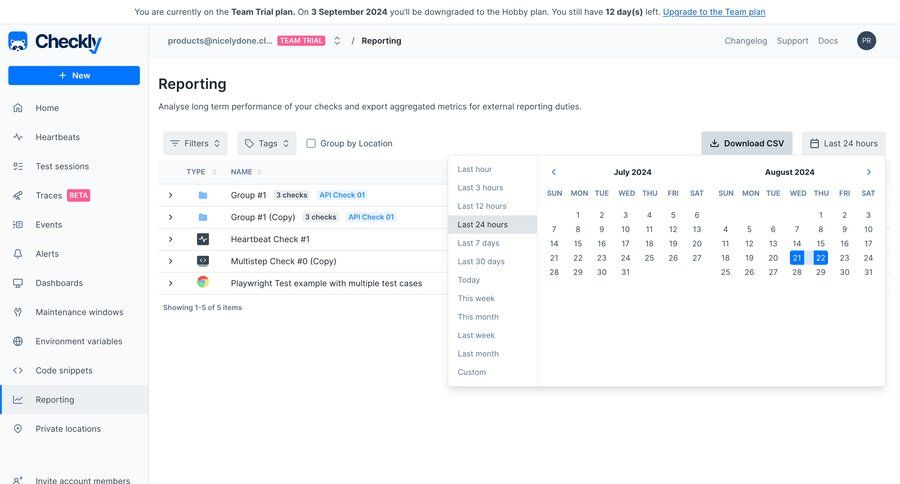 Checkly
			 sidebar navigation data export exporting data data analysis reporting screen tagging filters dropdown dropdown filters sidebar menu data visualization monitoring search filters filter options sorting filters download modern table download report version control search menu ui page example