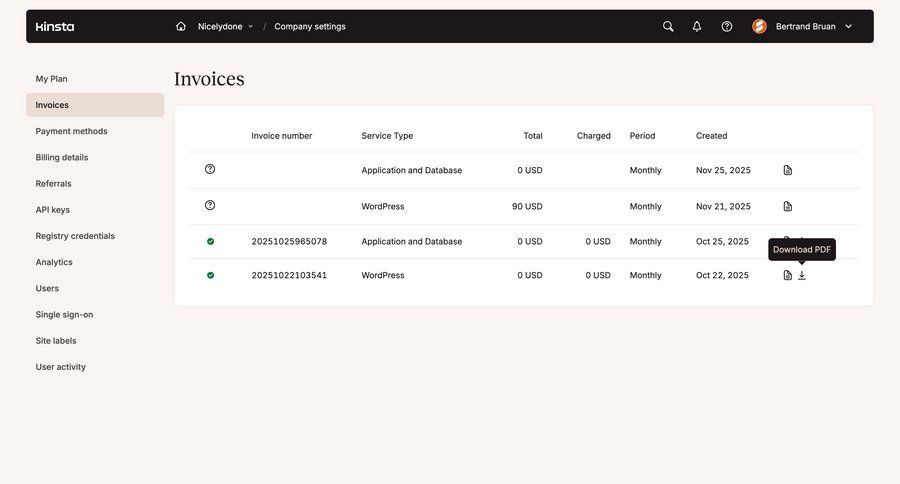 Kinsta
			 account management billing history ui page example