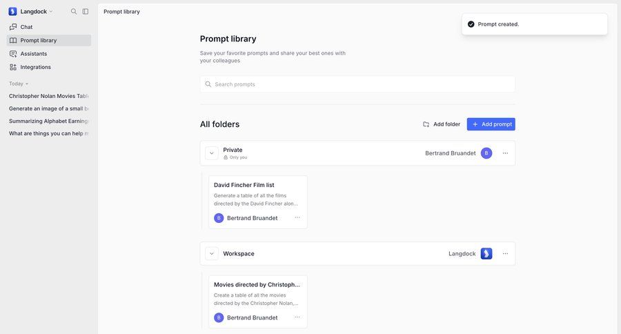 Langdock
			 sidebar navigation artificial intelligence folder management sidebar folder accordion toast notification ui page example