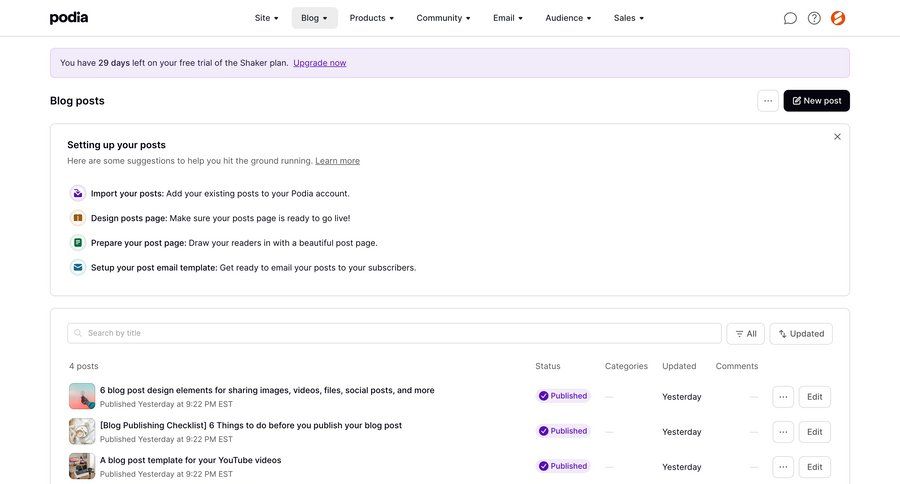 Podia
			 content management e-commerce grid blog management free trial create filter options table search bar search suggestions suggestion ui page example