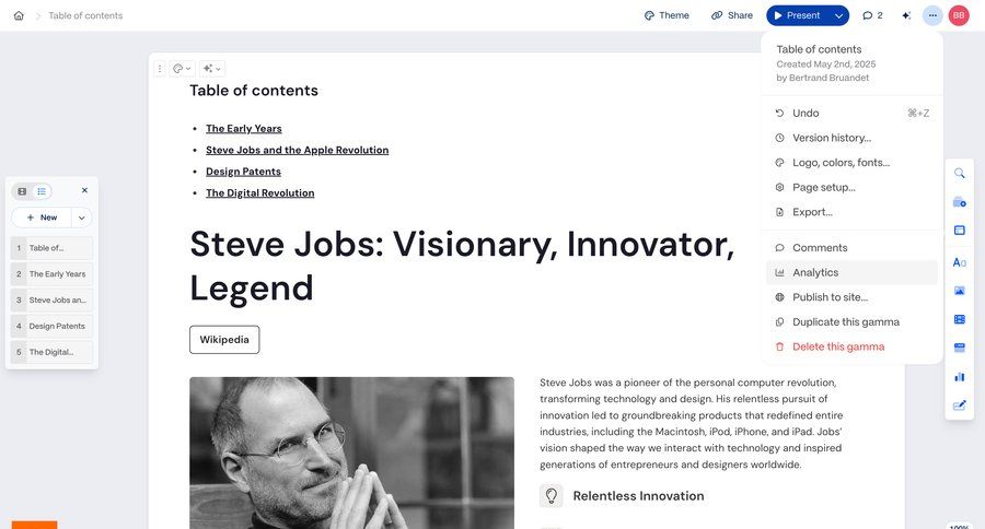 Gamma
			 editor document editing document management navigation menu menu article documentation version history analytics ui page example