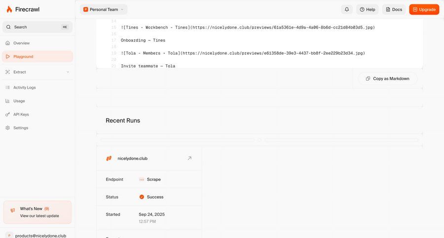 Firecrawl
			list detail page content editor activity feed dashboard sidebar ui page example