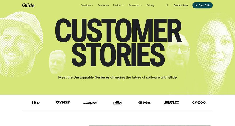 Glide
			 customer success testimonials case studies customer stories ui page example