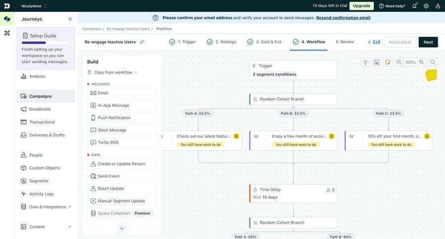 Customer.io
			 sidebar navigation workflow workflow builder workflow automation marketing automation drag and drop customer engagement workflow screen campaign management sidebar create setup messages navigation links progress modern check out review email confirmation campaign creation ui page example