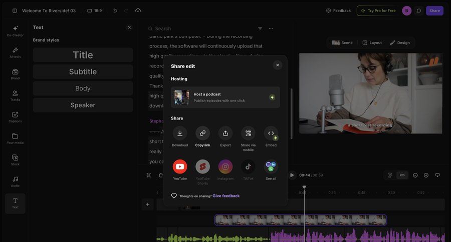 Riverside
			 share modal video editor ui page example