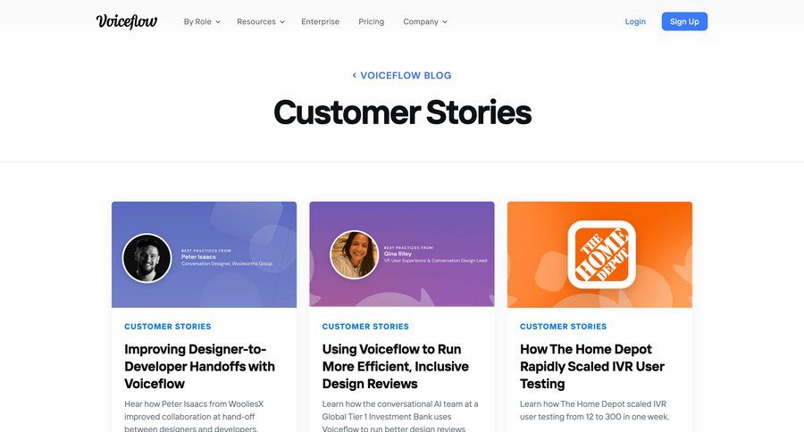 Voiceflow
			 color palette testimonials case studies customer stories modern voice bot builder newsletter signup ui page example