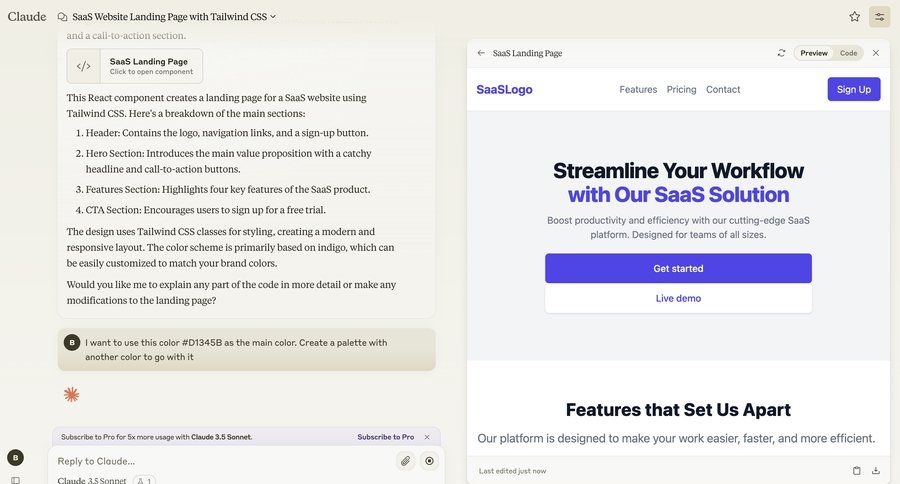 Claude
			 call to action modern color palette navigation links saas product toast notification features ui page example