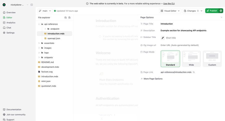 Mintlify
			 content management sidebar navigation editor file upload content management system sidebar ui page example