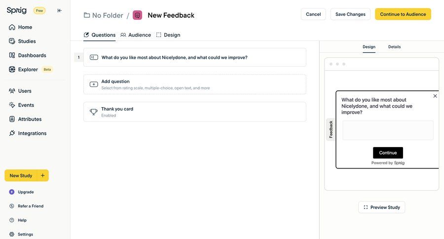 Sprig
			create form design editor design user feedback content hierarchy sidebar new create generate ui page example