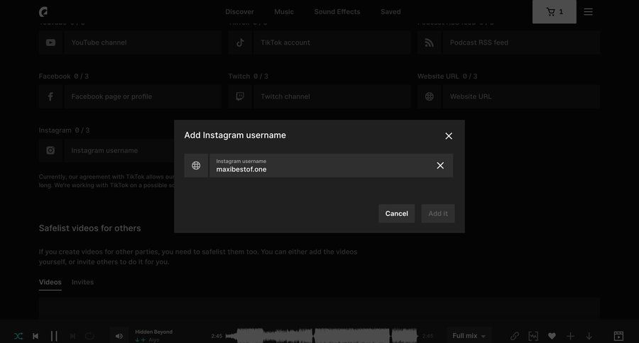 Epidemic Sound
			 modal screen configuration settings account management grid video management account setup account settings profile page ui page example