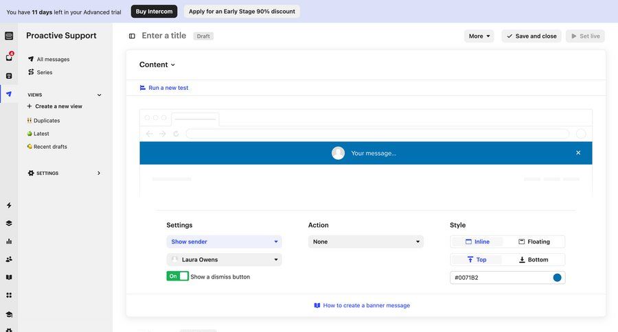 Intercom
			 modal screen configuration settings sidebar navigation form style customization sidebar create messages modern duplicate customer support chat ui page example