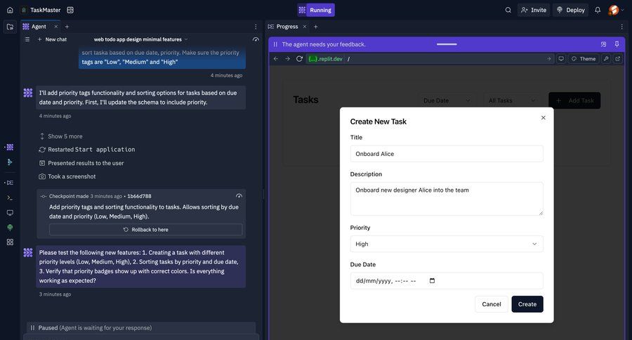 Replit
			 task management team collaboration project management workflow form modal dialog date picker ui page example