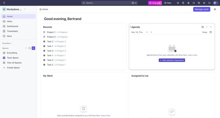ClickUp
			 task management dashboard sidebar navigation project management sidebar personal space menu recent activity social feed newsfeed activity stream modern ui page example