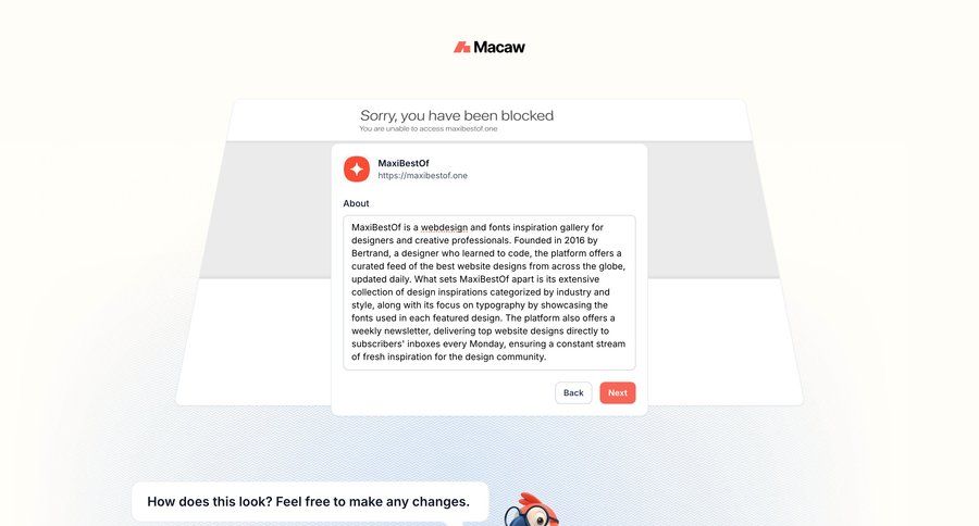 Macaw
			 modal screen access control typography personal space navigation buttons ui page example