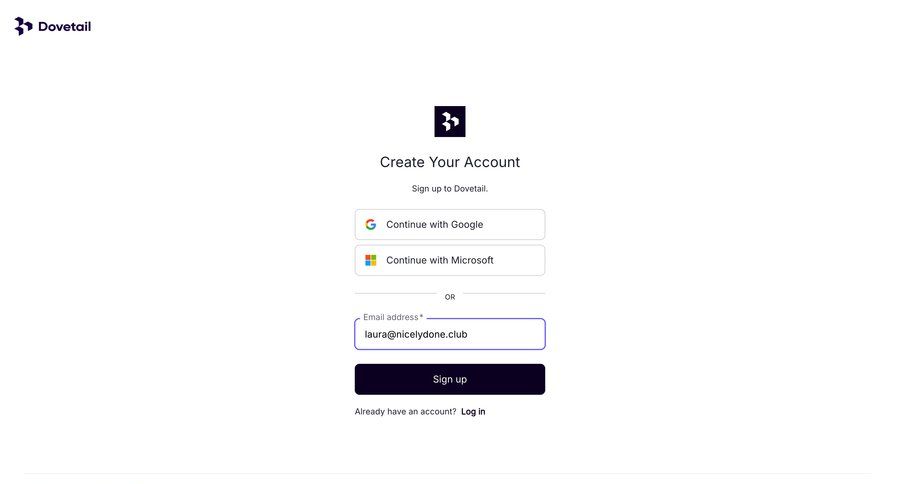 Dovetail
			 onboarding account creation ui page example