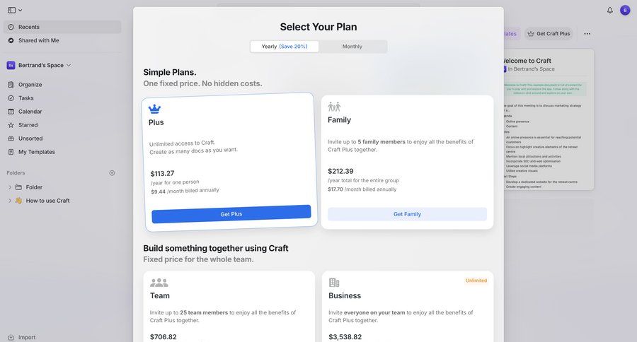 Craft
				plans & pricing (in app) ui page example