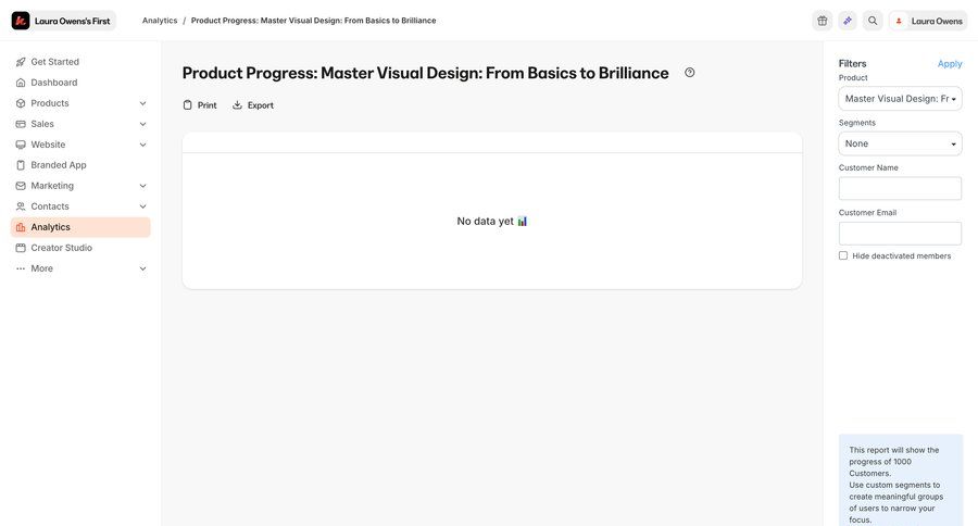 Kajabi
			 sidebar navigation data export analytics dashboard progress tracking data analysis data filtering user data dropdown filters sidebar data visualization progress analytics ui page example