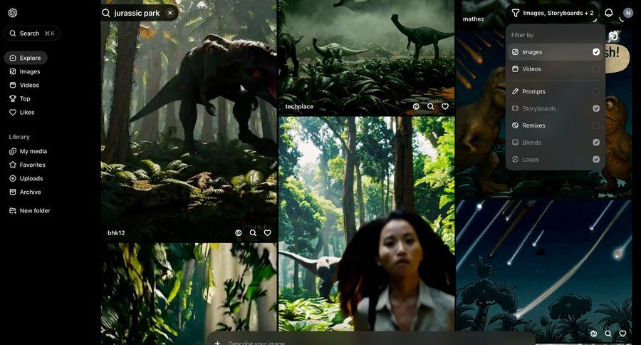 Sora
			 sidebar navigation grid content discovery call intelligence sidebar research search filters image gallery media gallery photo gallery media assets modern search bar avatar upload search results controls search menu ui page example