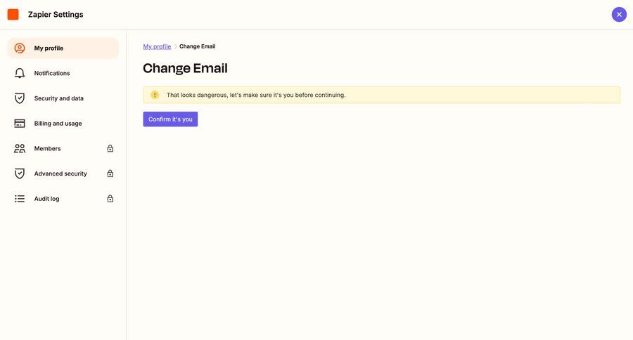 Zapier
			 settings sidebar navigation confirmation account settings sidebar security alert confirmation message ui page example
