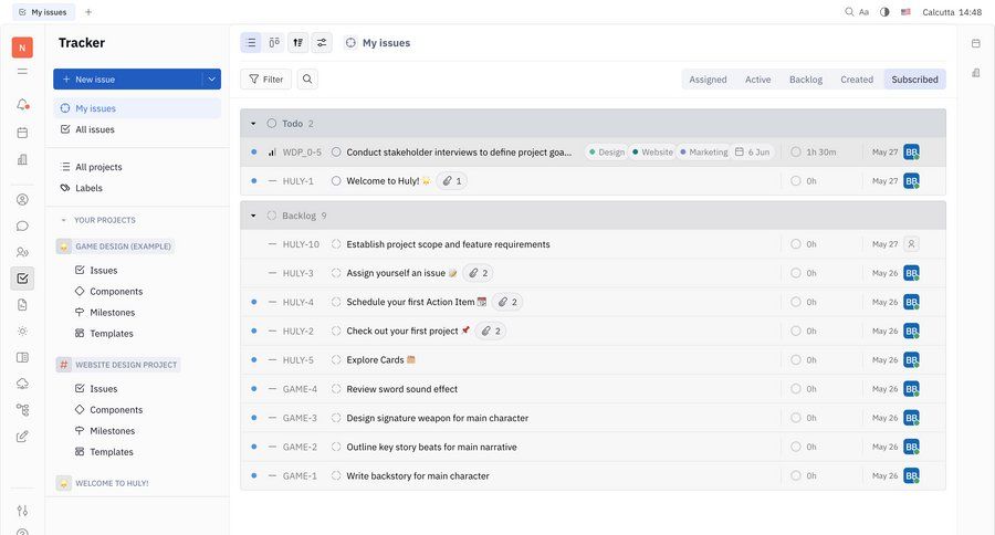 Huly
			 task management dashboard sidebar navigation project management full-screen layout issue tracking project organization menu ui page example