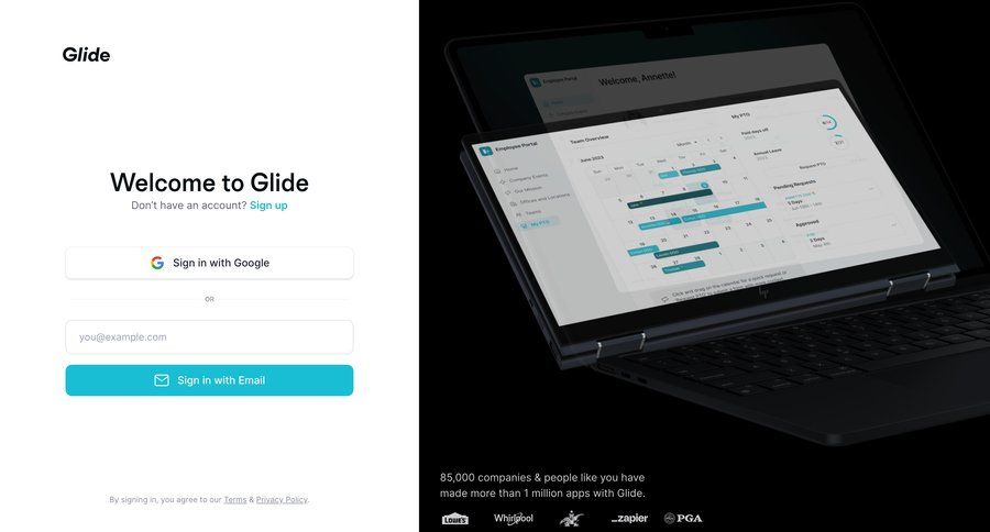 Glide
			 dashboard grid form split screen authentication login sidebar connection signin sign in time tracking ui page example