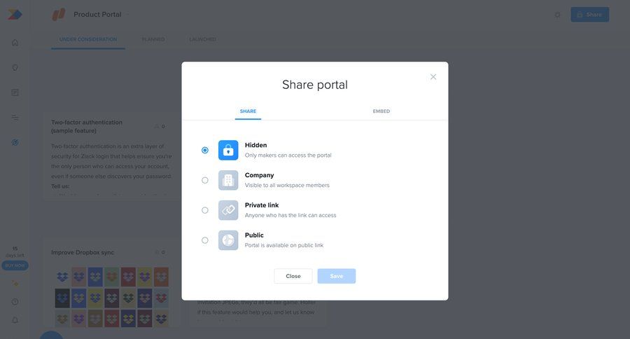 Productboard
			share modal & popover sharing settings collaboration share modal access control save changes security sharing ui page example