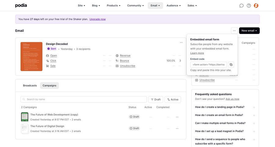 Podia
			 e-commerce dashboard grid dropdown filters code snippet ui page example