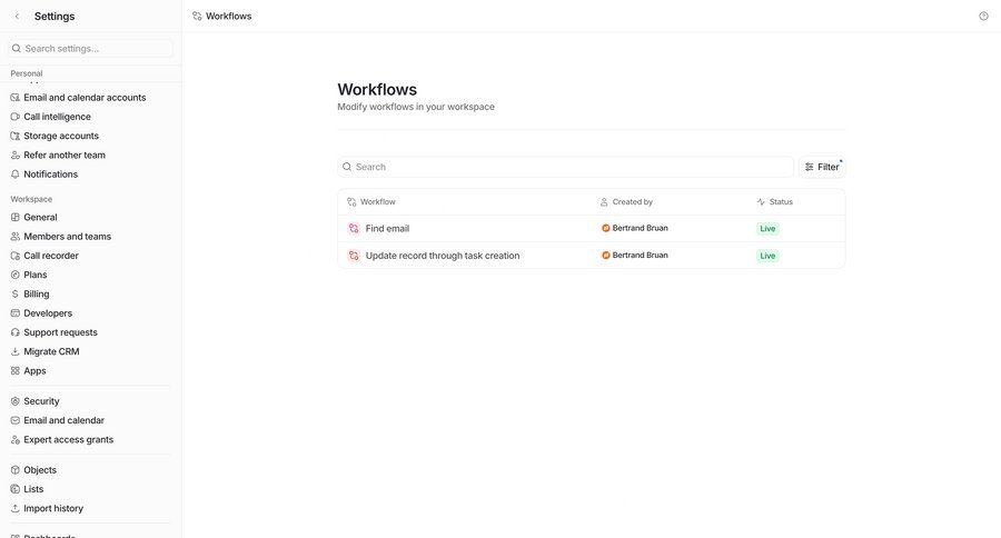 Attio
			 settings sidebar navigation automation workflow management table ui page example