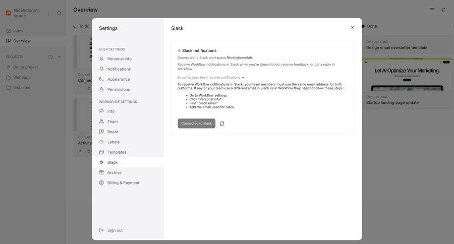 Workflow
			 settings user settings workspace settings integration notification settings ui page example