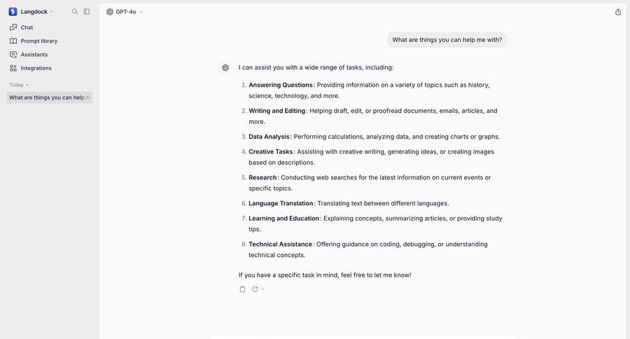 Langdock
			 sidebar navigation artificial intelligence onboarding split screen conversational ui natural language processing sidebar chat chat interface modern chatbot conversational ui page example
