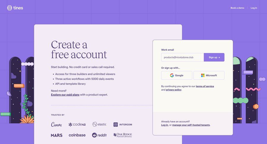 Tines
			 account management form account creation authentication rounded corners free account auth log in signup create new account register ui page example