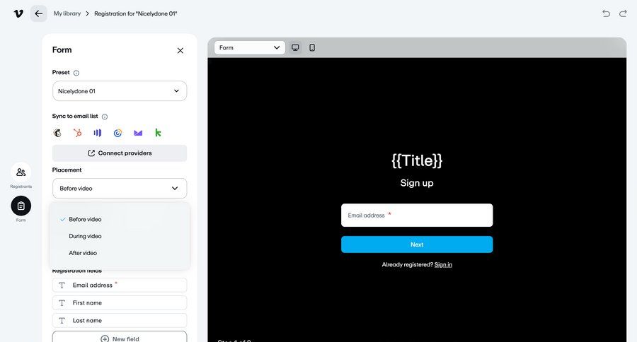 Vimeo
			 configuration form split screen progress indicator ui page example