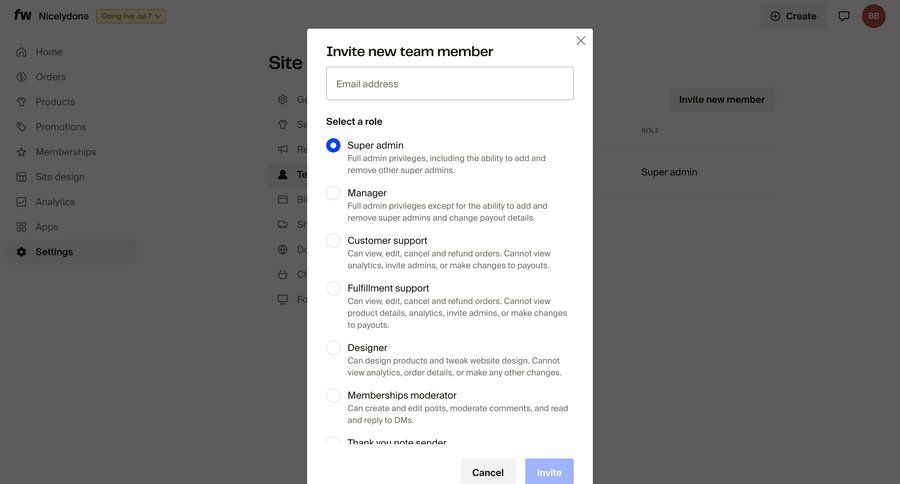Fourthwall
			form modal & popover team settings invite teammate modal screen configuration settings e-commerce user management onboarding form ui page example