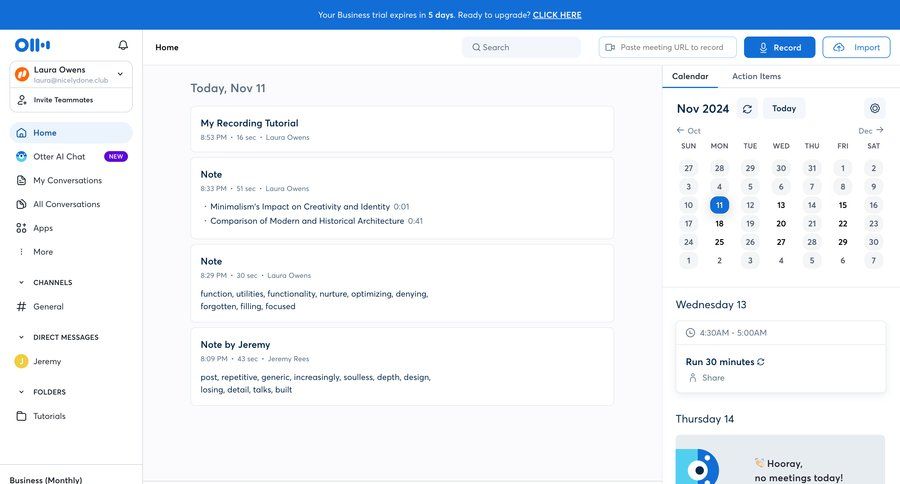 Otter
			 team collaboration dashboard sidebar navigation onboarding right sidebar calendar management scheduling meetings call recording sidebar personal space tips modern voice meeting widgets ui page example