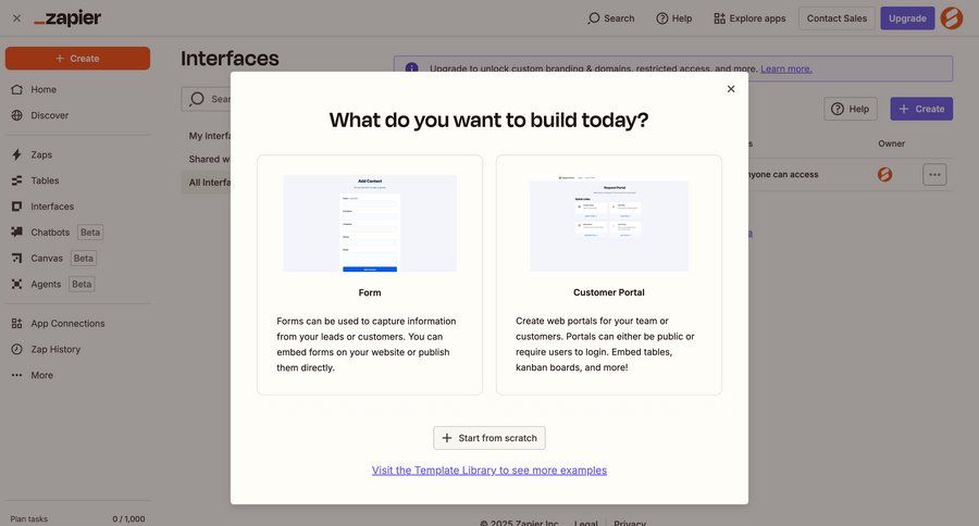 Zapier
			 modal screen onboarding form templates template library template selection customer portal ui page example