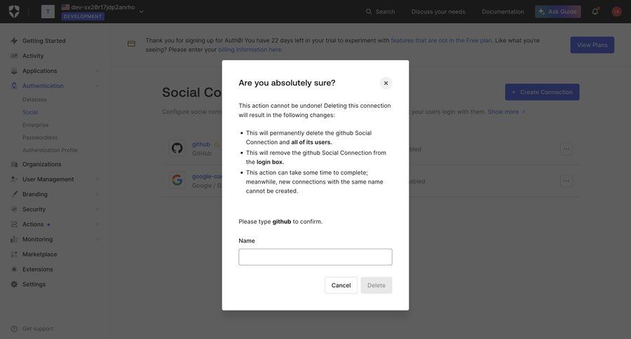 Auth0
			modal & popover delete account configuration settings delete authentication cancel deletion getting started security user termination enterprise settings confirmation message ui page example