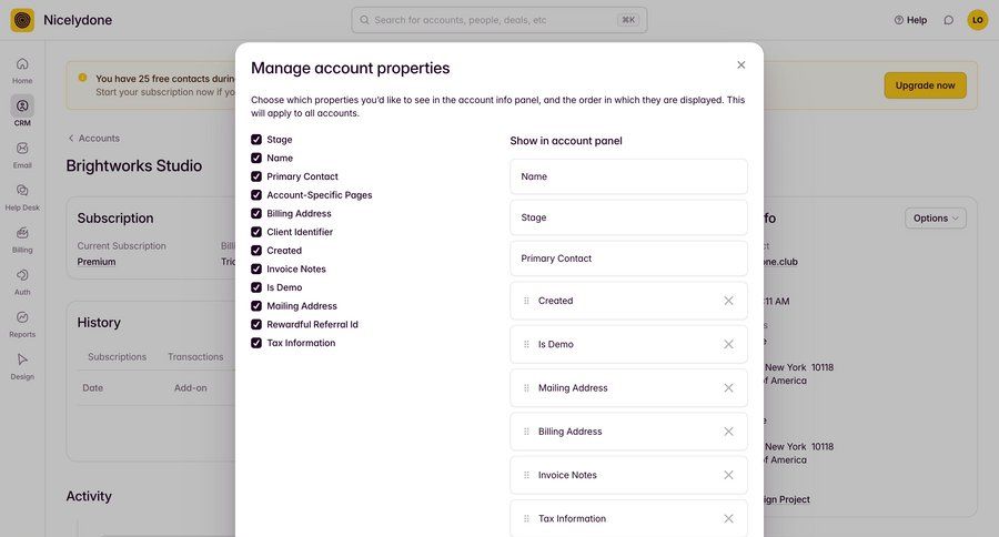 Outseta
			 configuration settings account management form account setup account settings drag and drop configuration screen ui page example