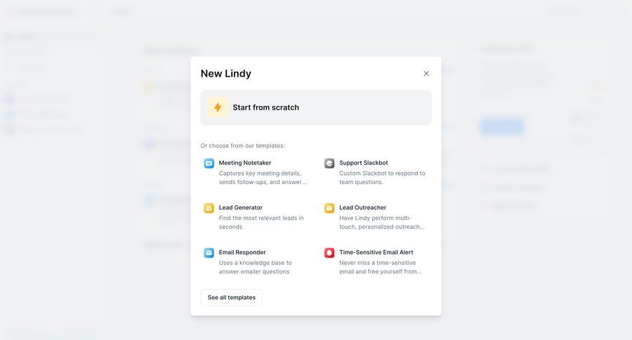 Lindy
			 onboarding templates workflow automation template selection bot builder ui page example