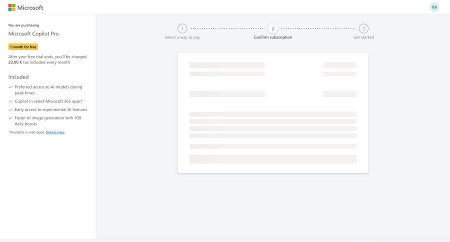 Copilot
			 artificial intelligence subscription management free trial payment options progress ui page example