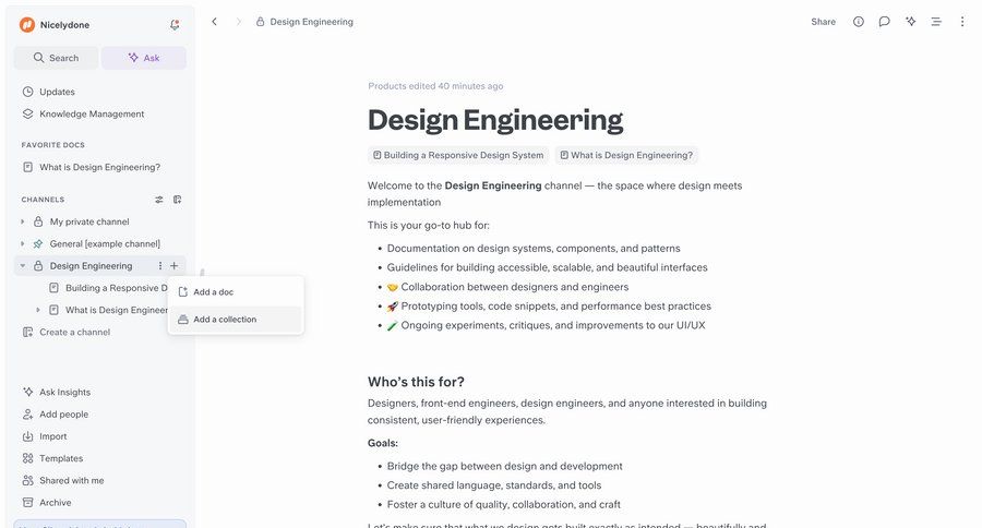 Slite
			 collaboration design document management document creation hierarchical navigation document list menu documentation ui page example