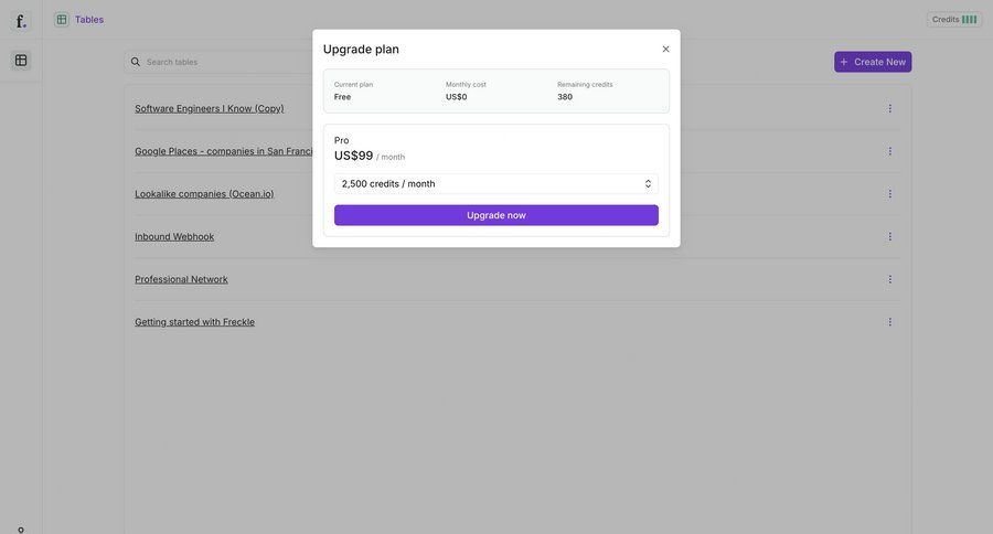 Freckle
			 modal screen subscription management plan comparison data analytics ui page example