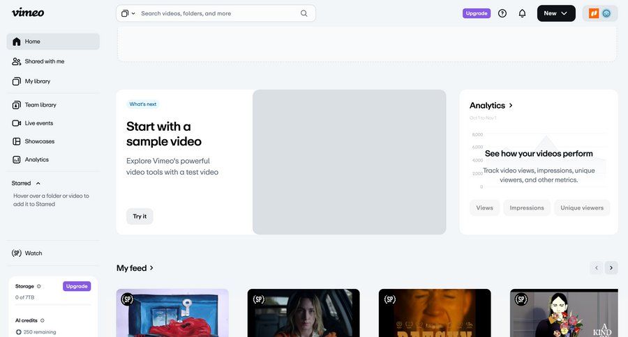 Vimeo
			 content management dashboard sidebar navigation onboarding content discovery homepage progress bar search bar analytics ui page example