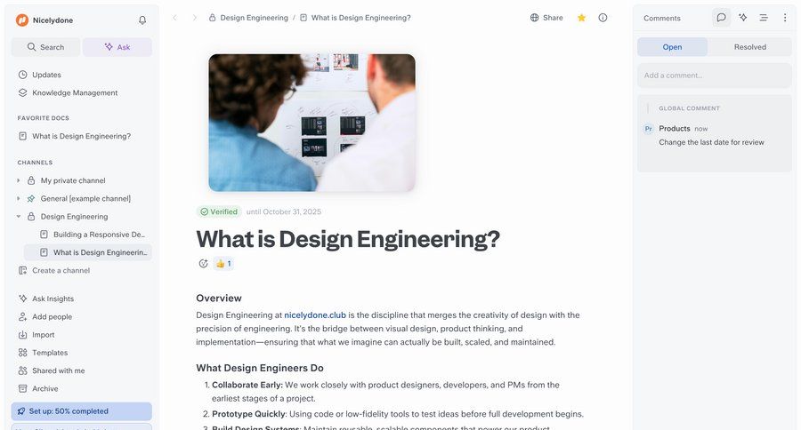 Slite
			 collaboration design document sharing knowledge base right sidebar knowledge management article documentation ui page example